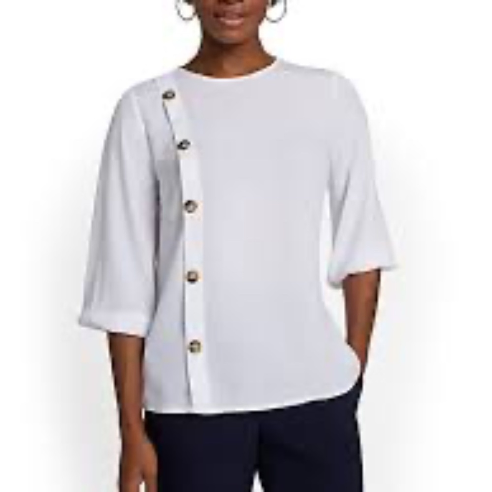 NEW New York & Company White 3/4 sleeve Asymmetric Blouse button detail M medium - Picture 3 of 15